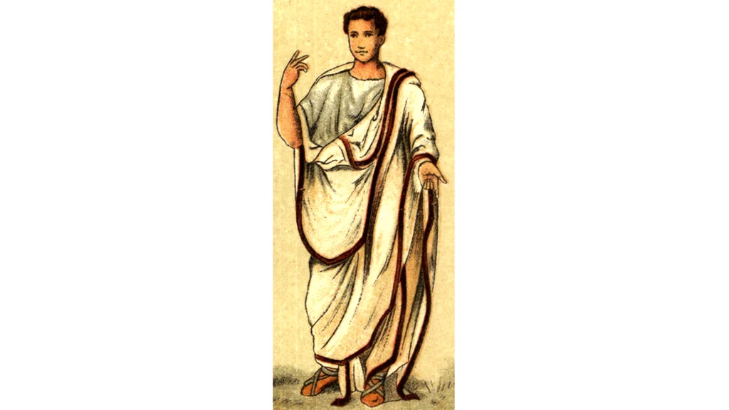 A painting of a Roman Senator wearing a cotton <i>toga, </i>most<i> </i>probably sourced from Coimbatore<i> </i>