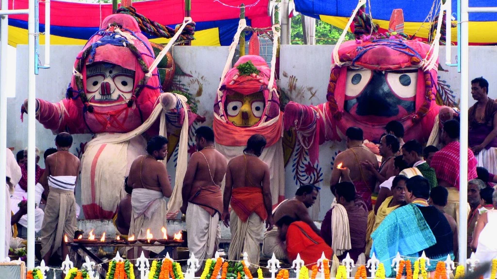 The deities: Krishna and his siblings Subhadra and Balabhadra