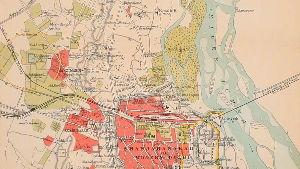 Map of Delhi from 1911, showing Roshanara Garden