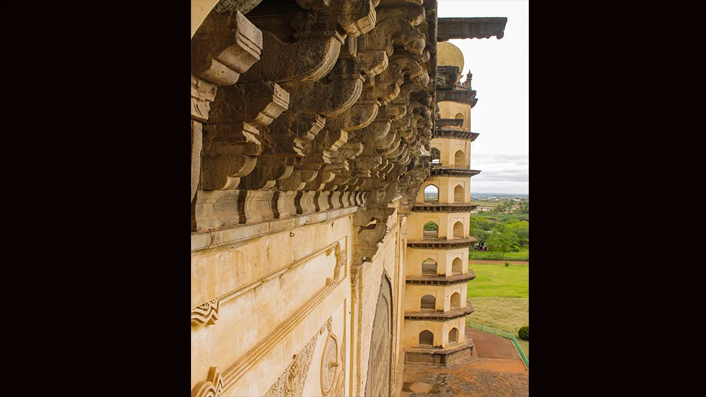 A closer view of the octagonal towers