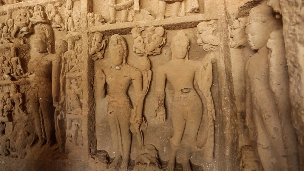 Sculptures and carvings inside the Kanheri caves