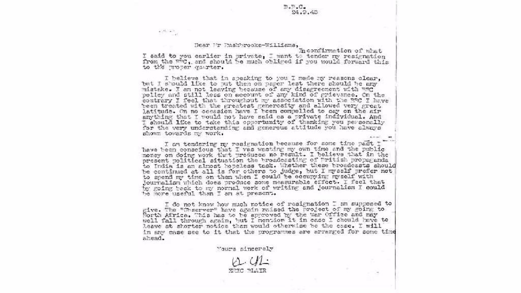 Eric Blair (George Orwell’s resignation letter to the BBC