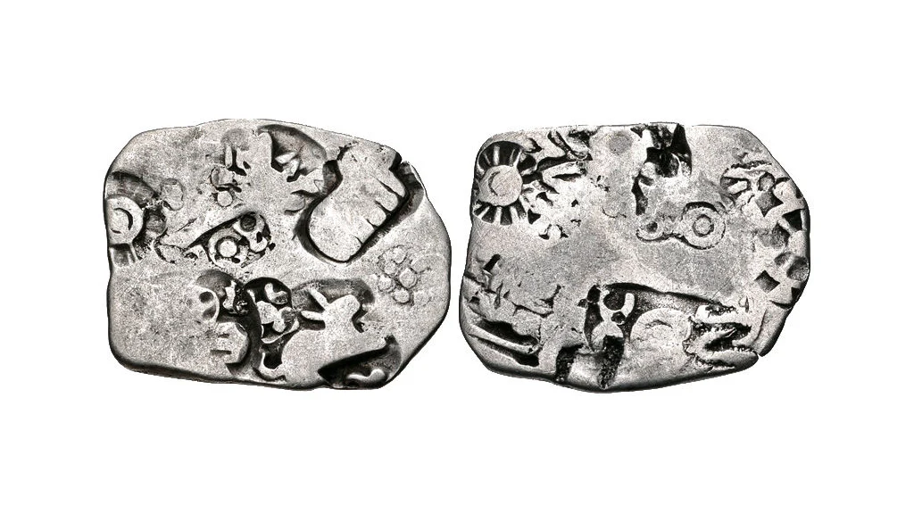Coins of Magadha <i>Janapada </i>with rabbit, elephant (L) and wheel (R) 