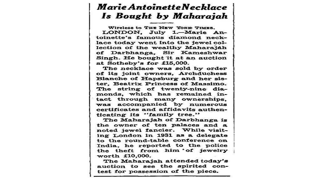 New York Times article on Marie Antoinette Necklace being bought by Maharaja of Darbhanga in 1937