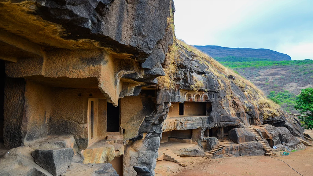 A view of rock-cut caves at Bhaja 