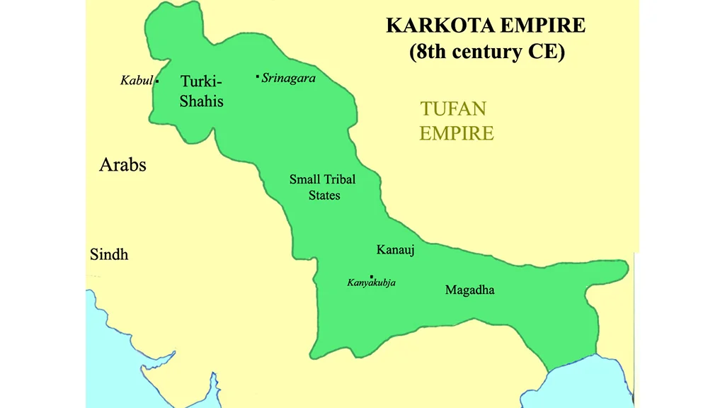 The supposed extent of the Karkota Empire in the 8th century CE according to the <i>Rajatarangini </i>