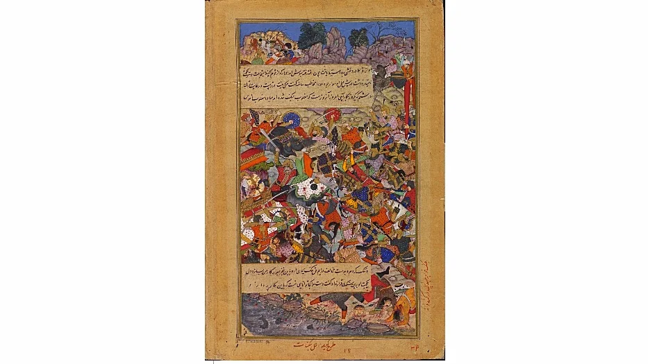 Painting by the Mughal court artists Kesav and Jagannath from the <i>Akbarnama</i> (Book of Akbar) depicts the heroic death in battle of Rani Durgavati c. 1590-95 CE
