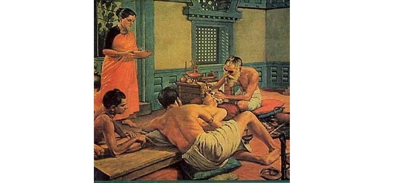 An illustration of Sushruta performing surgery 