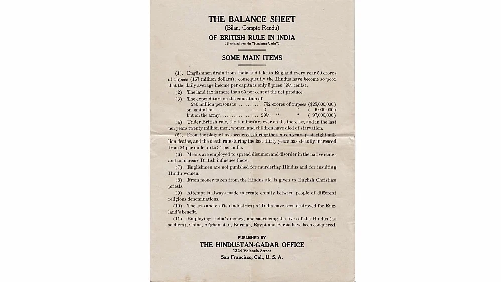 Pamphlet ‘Balance sheet of British India’ distributed by Ghadar party 