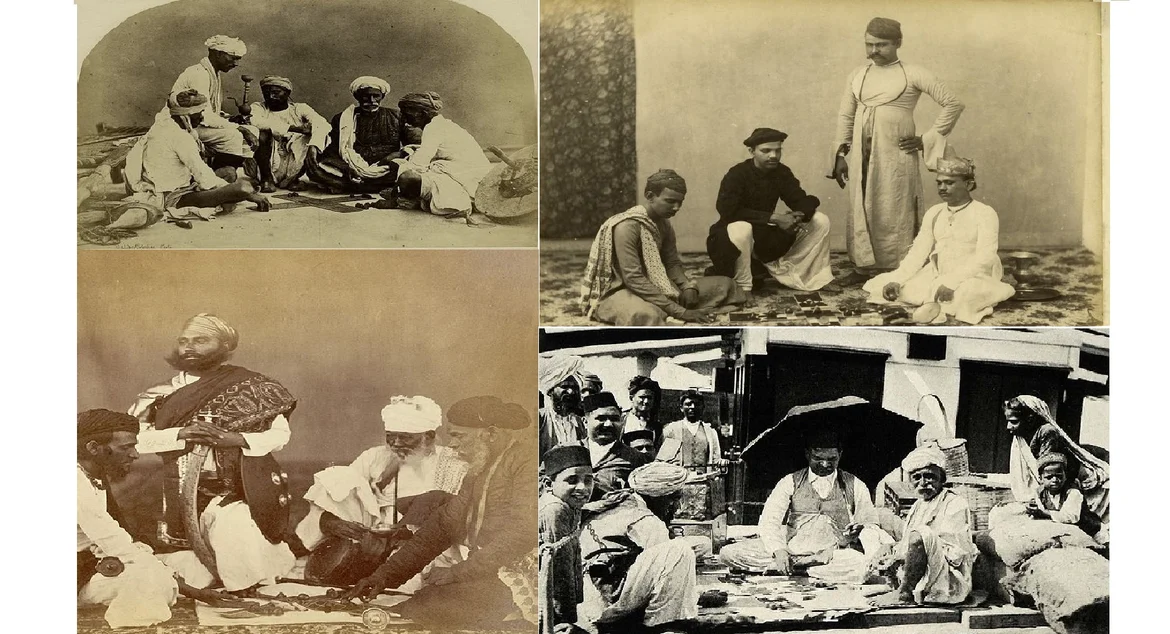 Photographs from 19th and 20th century of men playing Pachisi 
