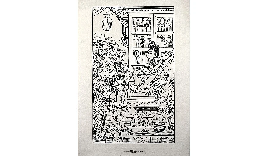 Pen drawing of Sushruta treating his patients 