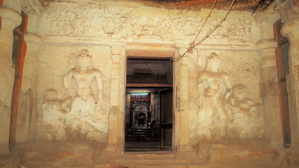Shrine of Yogeshwari the main deity and sculptural reliefs of Shiva and Parvati on the entrance 