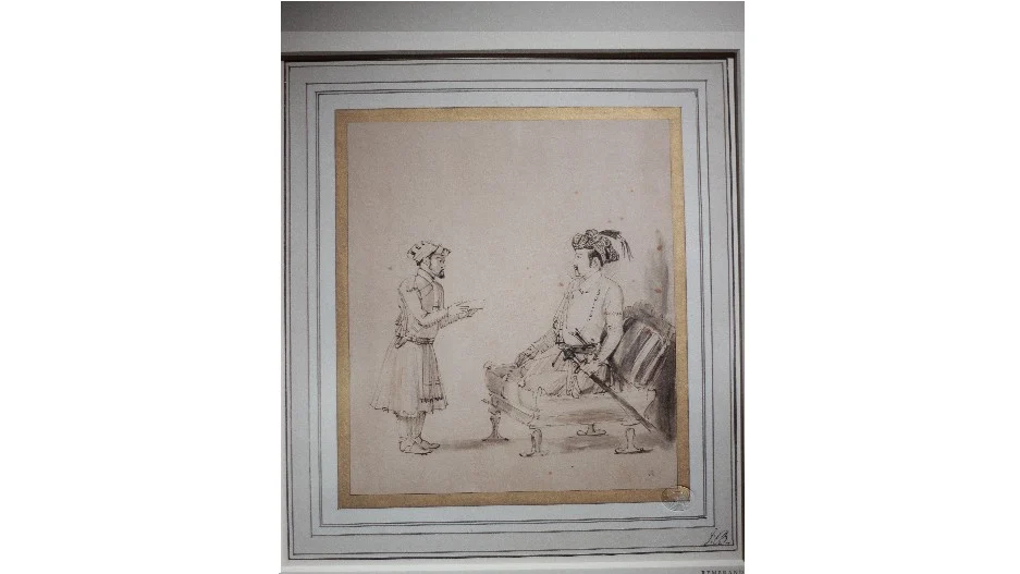 The original painting titled ‘Emperor Jahangir Receiving an Officer’ (1654-56) by Rembrandt- part of the ‘India & the World’ exhibition at CSMVS Museum in Mumbai