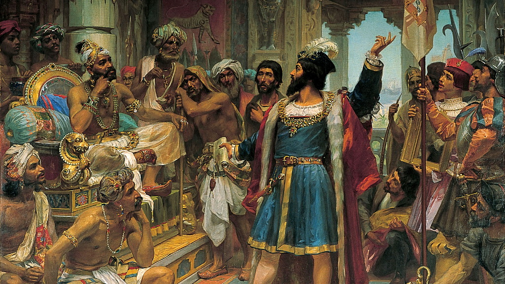 Vasco da Gama in front of Zamorin chief of Calicut 