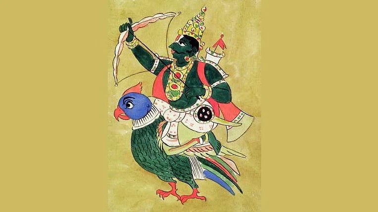 Kamadeva, sitting on a parrot 