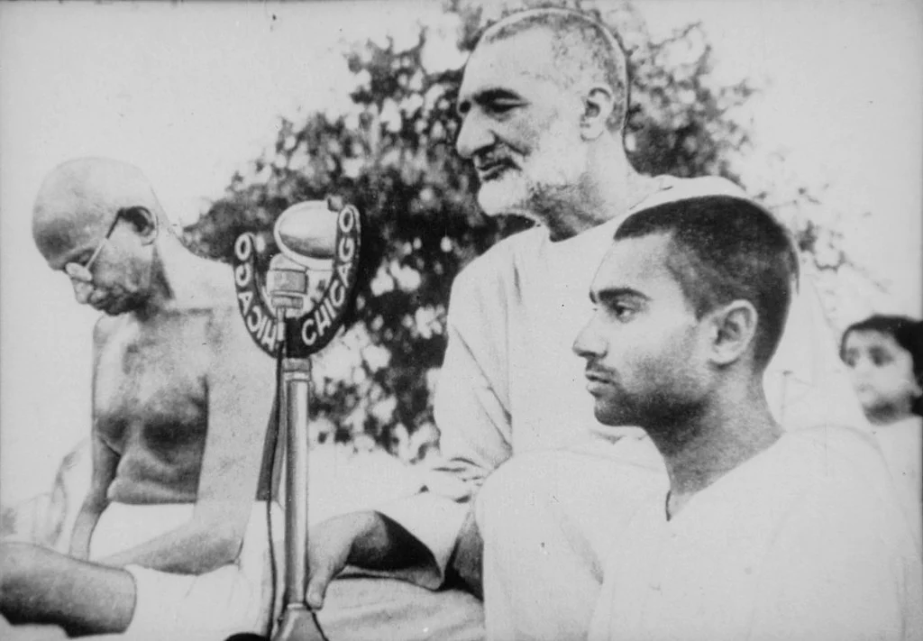 Abdul Gaffar Khan with Gandhiji delivering a Public speech