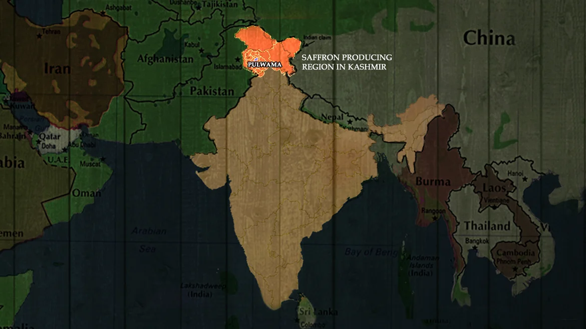 Map showing the saffron producing region of Kashmir, Pulwana
