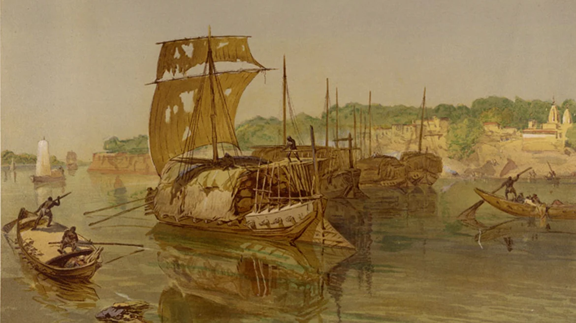 Boats on River Ganga transporting Chunnar stone
