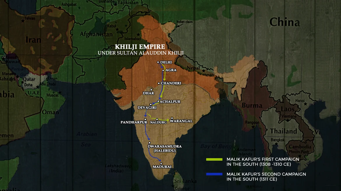 Map showing Malik Kafur’s campaigns in the South
