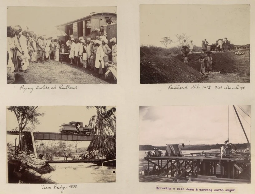 In clockwise direction: Paying the workers at the Railhead; Laying Railhead Mile 14 1/2; Tsavo Bridge; Laying a pile down using earth auger