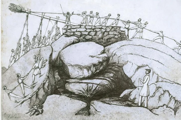Illustration of George Everest’s assistants setting up a reference point 