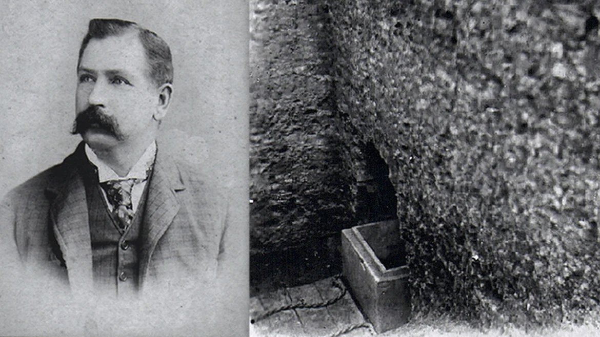 W C Peppe and the chest he found within the Piprahwa mound