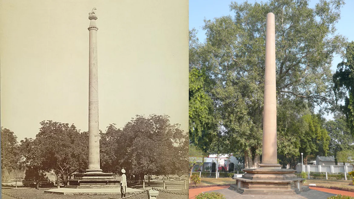 The Allahabad Pillar as clicked in 1870 (left, British Library Online Collection) and recently