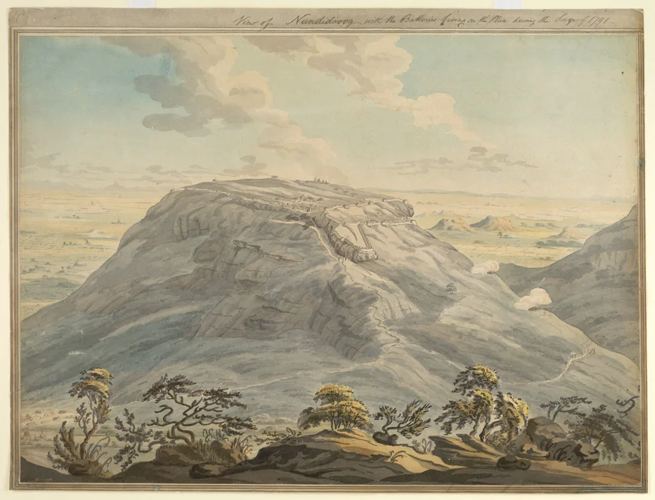 Painting of the fortress of <i>Nandidurg</i> during the British siege of 1791
