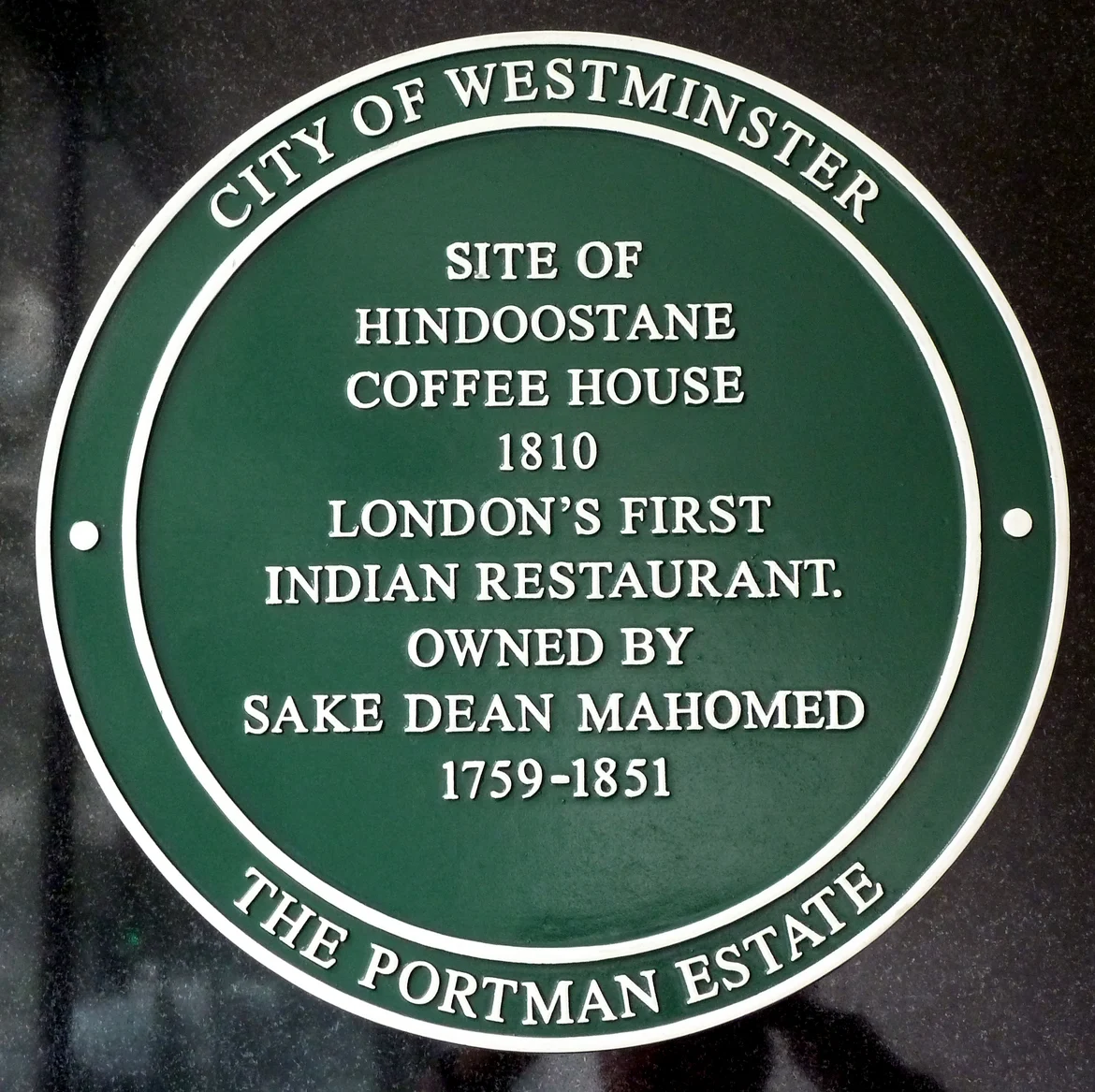 Plaque honoring Mahomed at the site of the HIndoostanee Coffee House