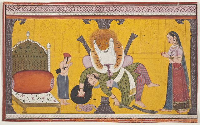 Narasimha disemboweling Hiranyakashipu, folio from a Bhagavata Purana