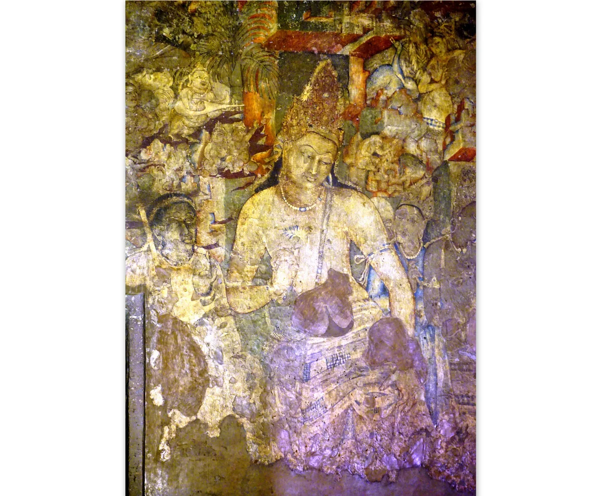 Ajanta painting - The Lady behind Padmapani has been painted with Ultramarine, Ajanta Caves