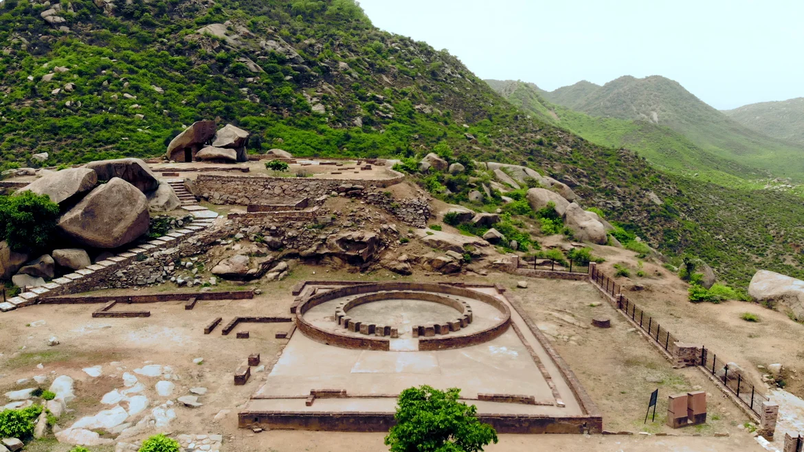 The buddhist ruins spread across two levels