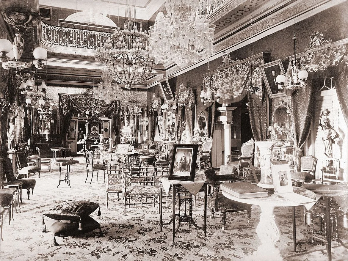 Photograph of a drawing room in the Bashir Bagh Palace in Hyderabad, taken by Deen Dayal in the 1880s