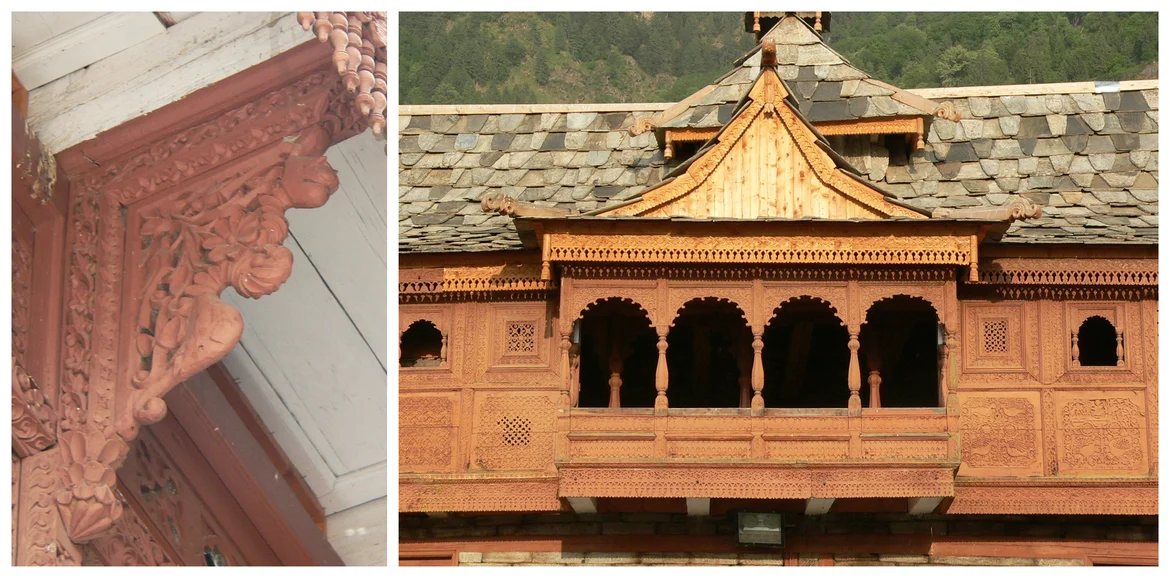 Decorative wooden bracket and carved balcony facade