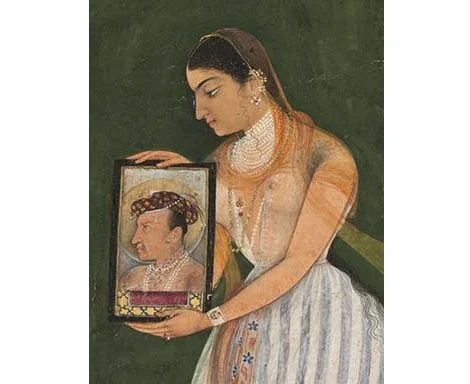 Nur Jahan holding a portrait of Emperor Jahangir, ca. 1627