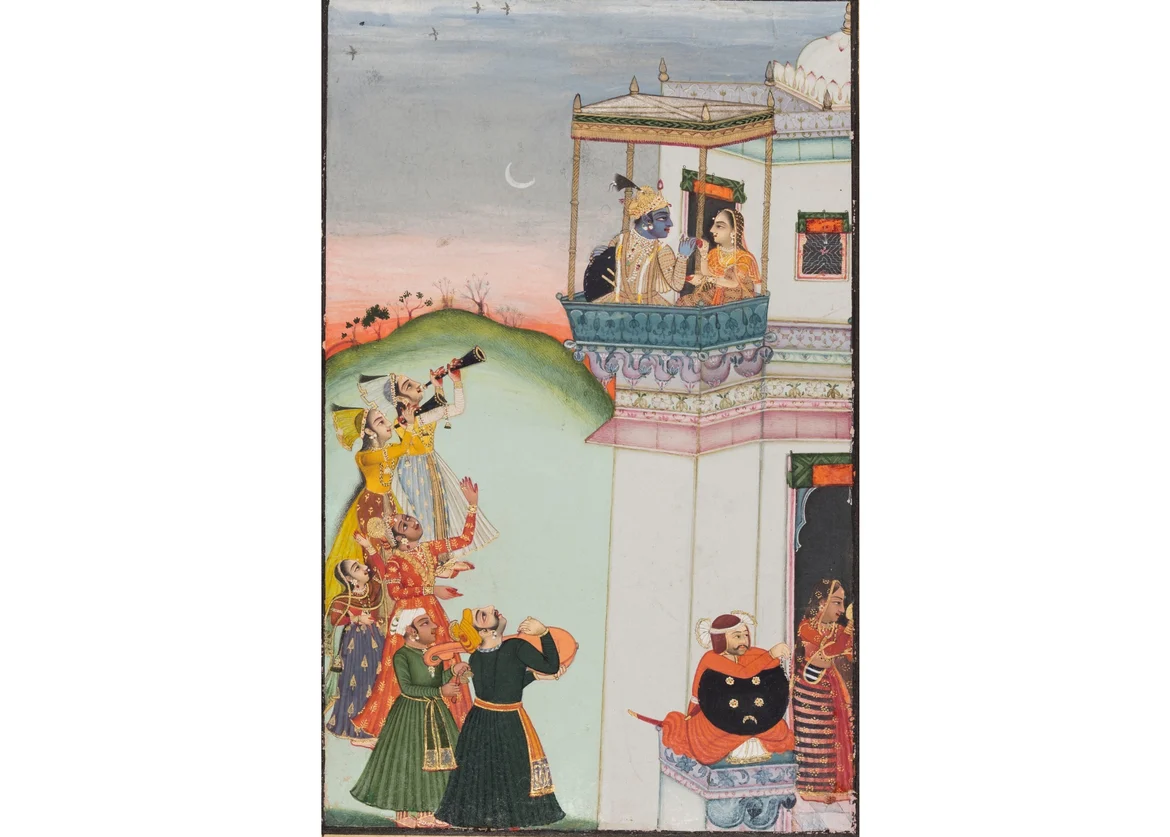 Krishna and Consort on a Palace Balcony with Musicians - Kota or Bundi 