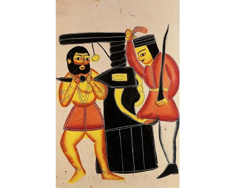 The Mahant turns an oil press