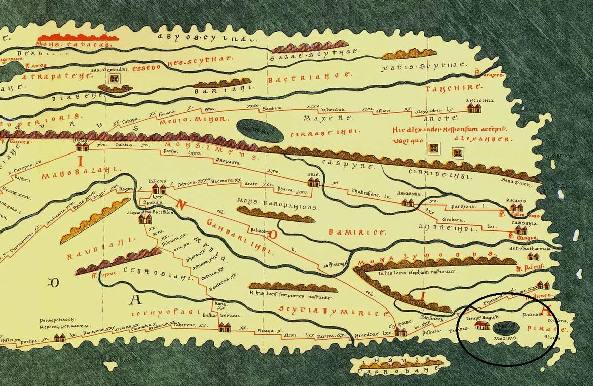 Muziris marked on an ancient map (Tabula Peutingeriana) showing the trade network of the Roman Empire
