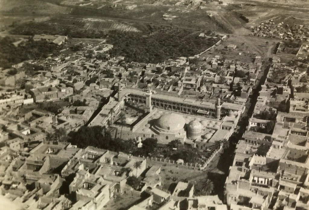 An aerial view of Sheikh Abdul Qadir Jilani tomb complex, Baghdad, 1925 by Swiss pilot Walter Mittelholze