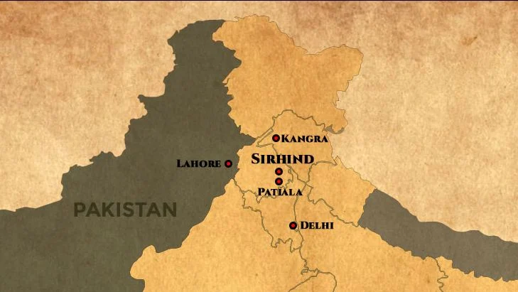 Location of Sirhind in between Delhi and Lahore