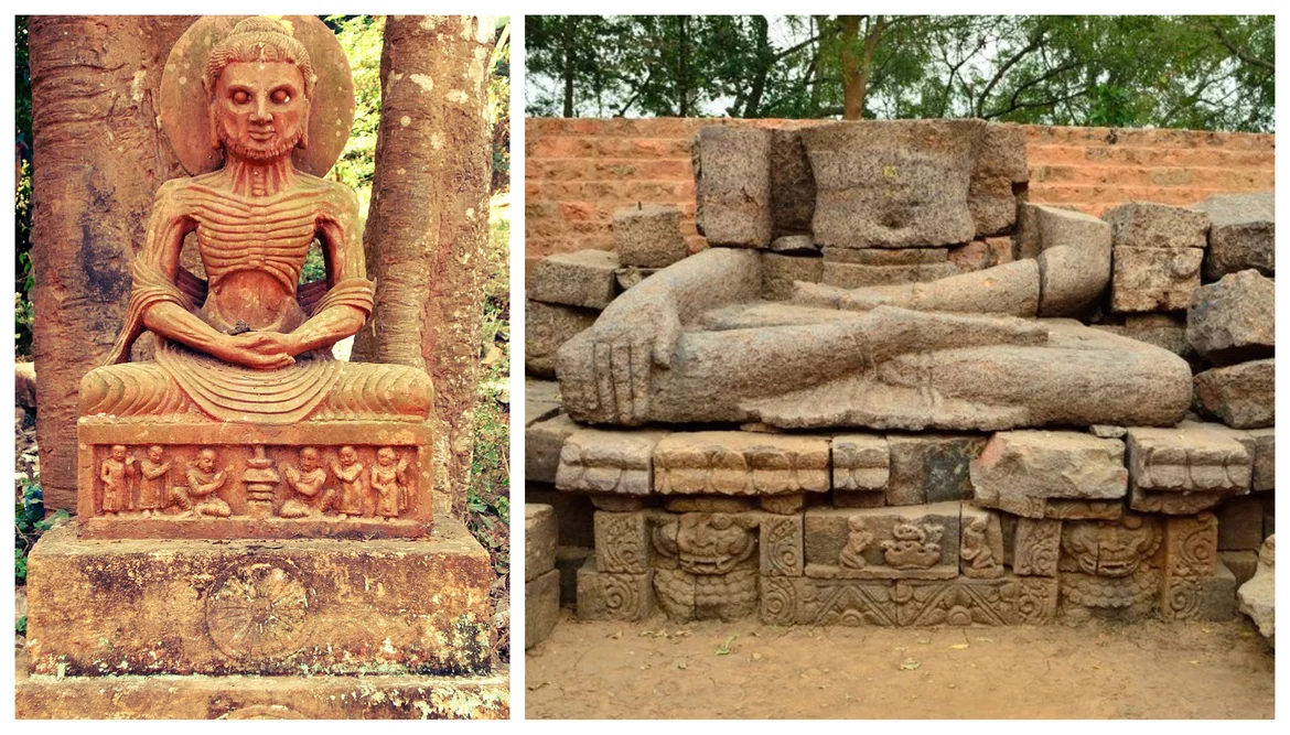 Skeleton Buddha (represented as fasting) and another sculpture without a head