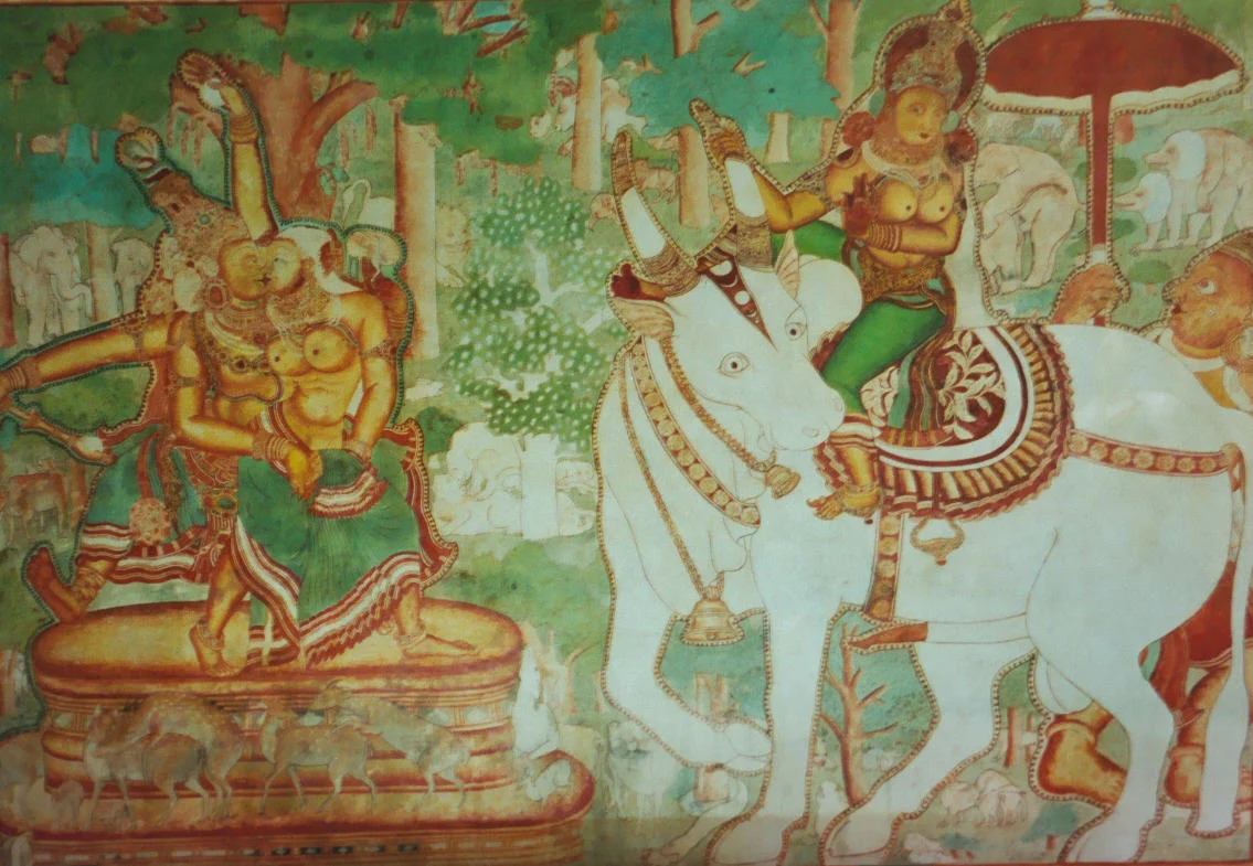 Mural at Mattanchery Palace depicting Shiva in an intimate pose with Mohini (a female avatar of Vishnu), while Parvati who is seated on a white bull looks on at them in distaste. The 16th century Mattanchery Palace was gifted by the Portuguese to the king of Kochi and the paintings were done under the patronage of the Varma kings of Kochi.