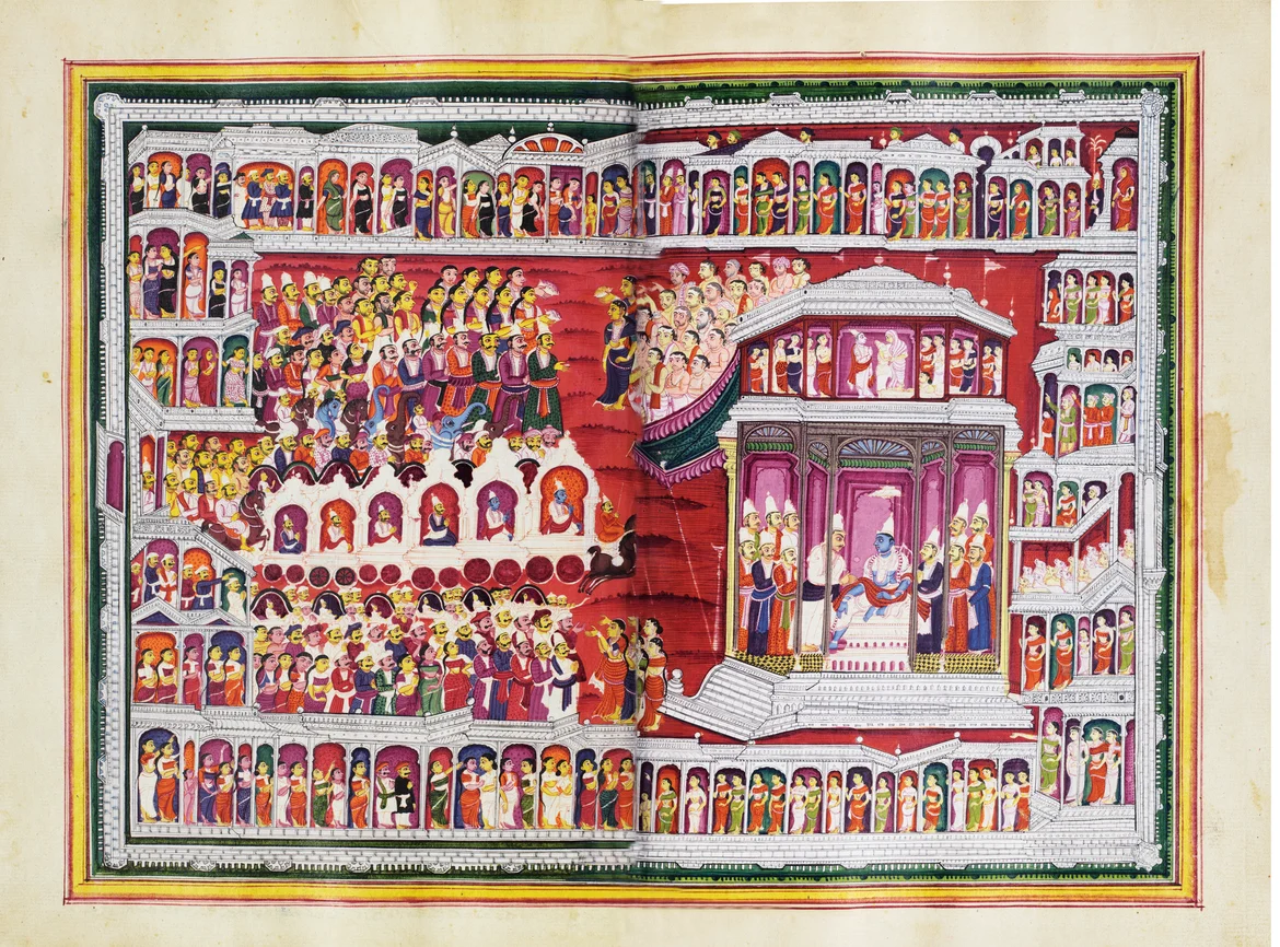 Krishna and his family are received at Indraprastha by the Pandavas