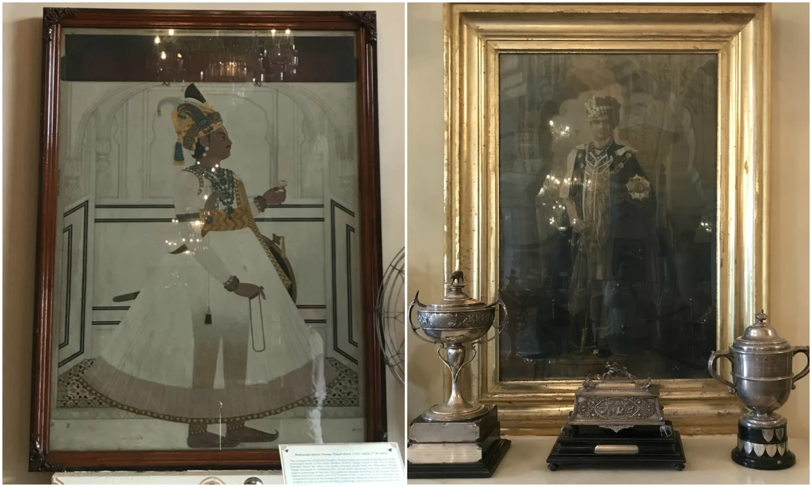 Portrait of Sawai Pratap Singh, holding a rose and painted photograph of Maharaja Sawai Man Singh II with his polo trophies in the front