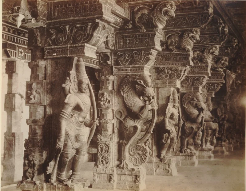 Carved temple pillars of the Meenakshi Temple (1870)