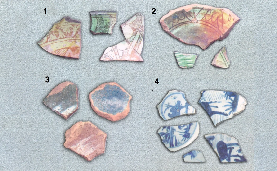 1. Early Medieval Persian Ware; 2. Early Medieval Persian Hatched sGraffiato Ware; 3. Monochrome Ware; 4. Sparrow, heron, falcon and deer depicted on the Chinese Blue-on-White Porcelain