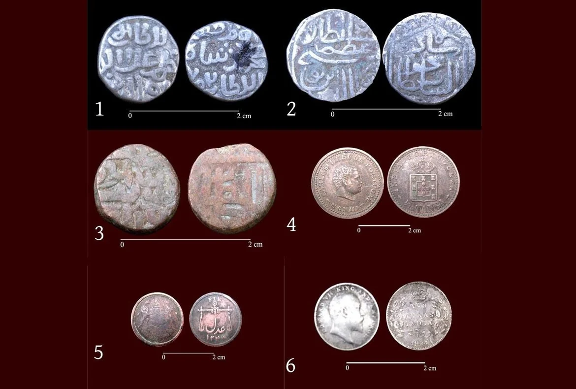 Coins from Chinchani - 1. Alauddin Khilji; 2&3. Gujarat Sultan; 4. Portuguese, 5&6. British