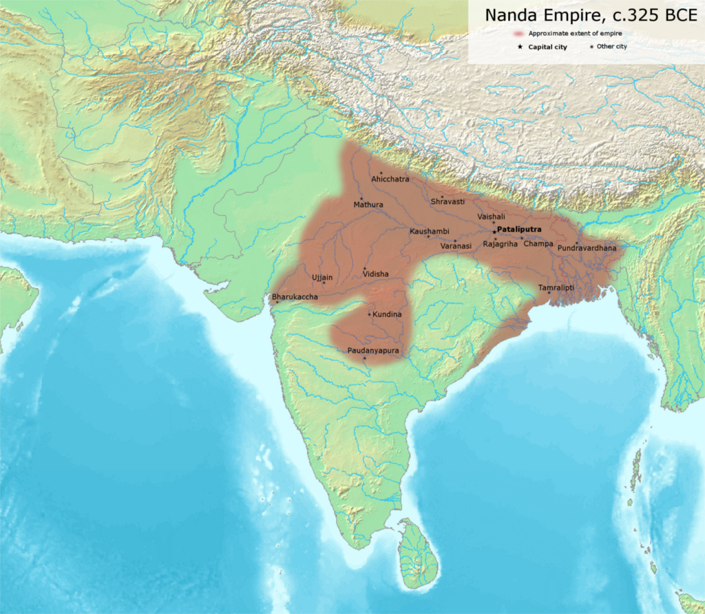 Possible extent of the Nanda Empire under its last ruler Dhana Nanda (c. 325 BCE).