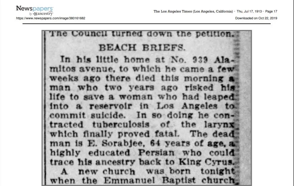 Newspaper clipping that details Sorabjee’s death, and his efforts to save a drowning woman