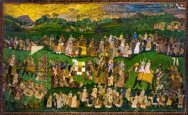 Nizam II on a hunting expedition, accompanied by Mah Laqa Bai (top right)